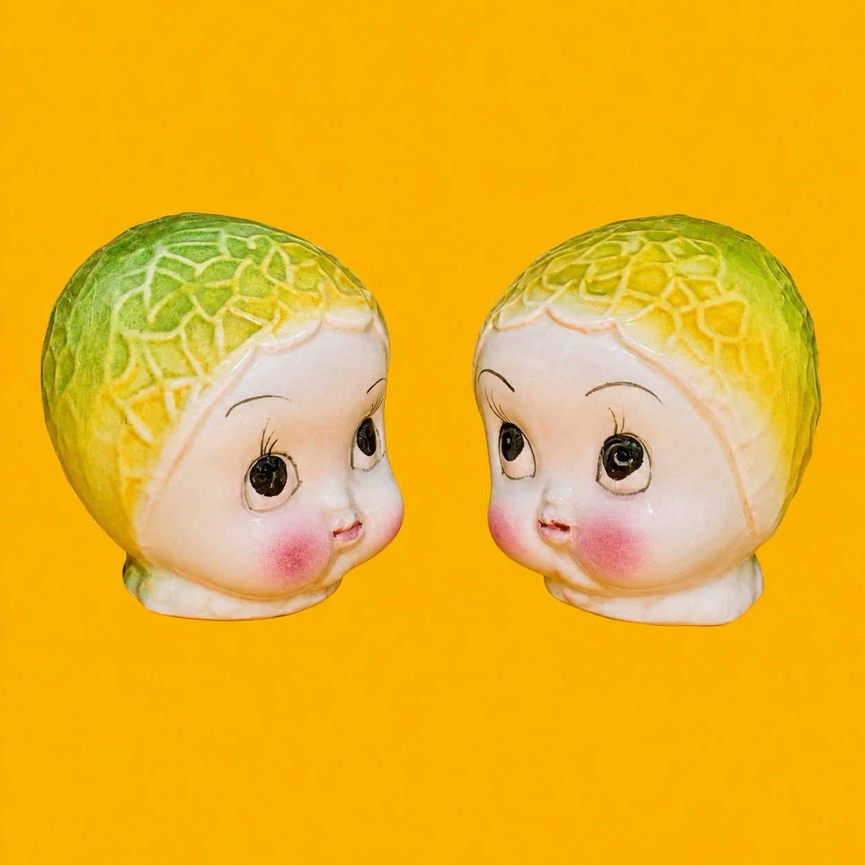 RARE Vtg MCM Japan Brussels Sprouts Salt Pepper Shakers Anthropomorphic Kitsch