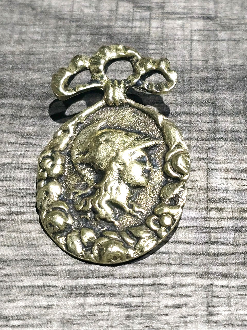 Vintage Italian Brass Brooch Cast Metal Cameo Portrait Pin Made in Italy...
