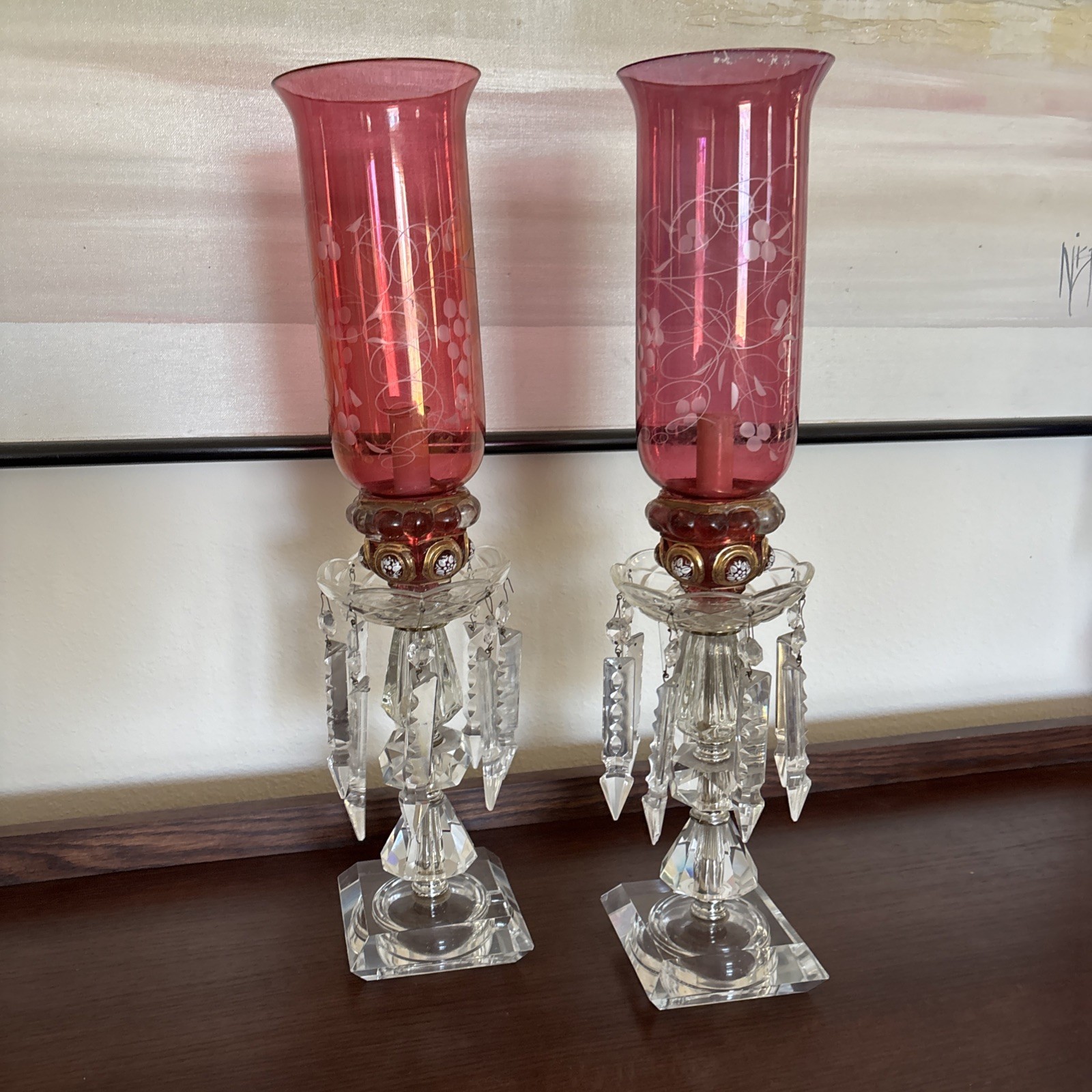 Pair Vntg. Glass Cranberry Cut To Clear Mantle Lusters Lamps w Crystal Prisms
