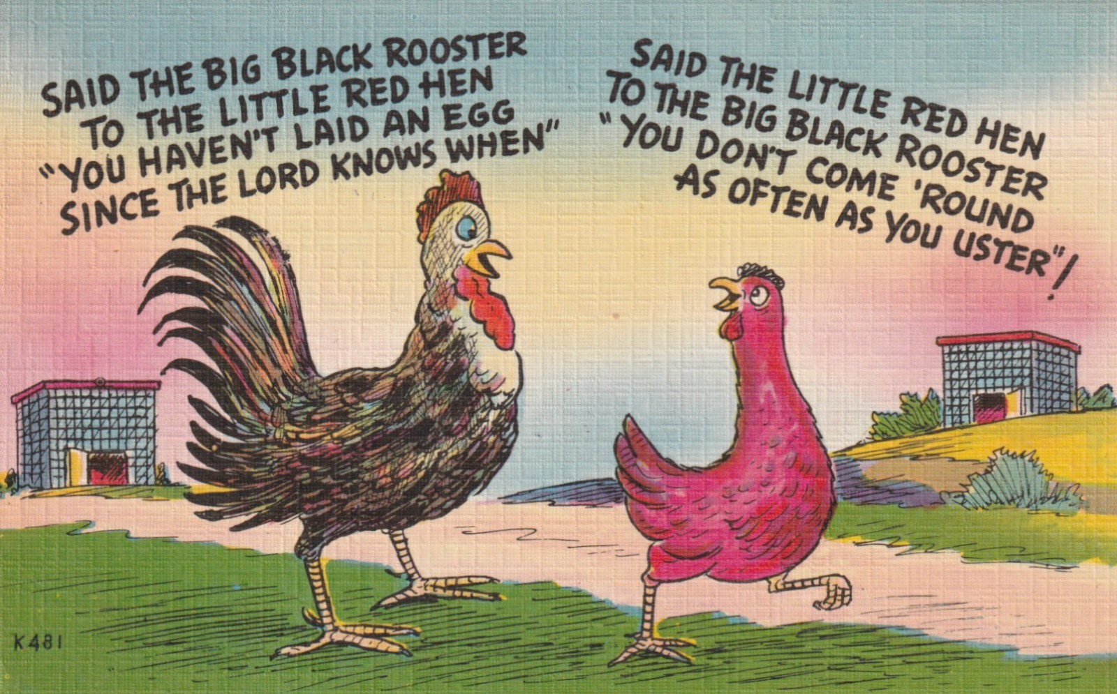 Vintage Postcard c1940s Said The Big Black Rooster Little Red Hen Linen Comic