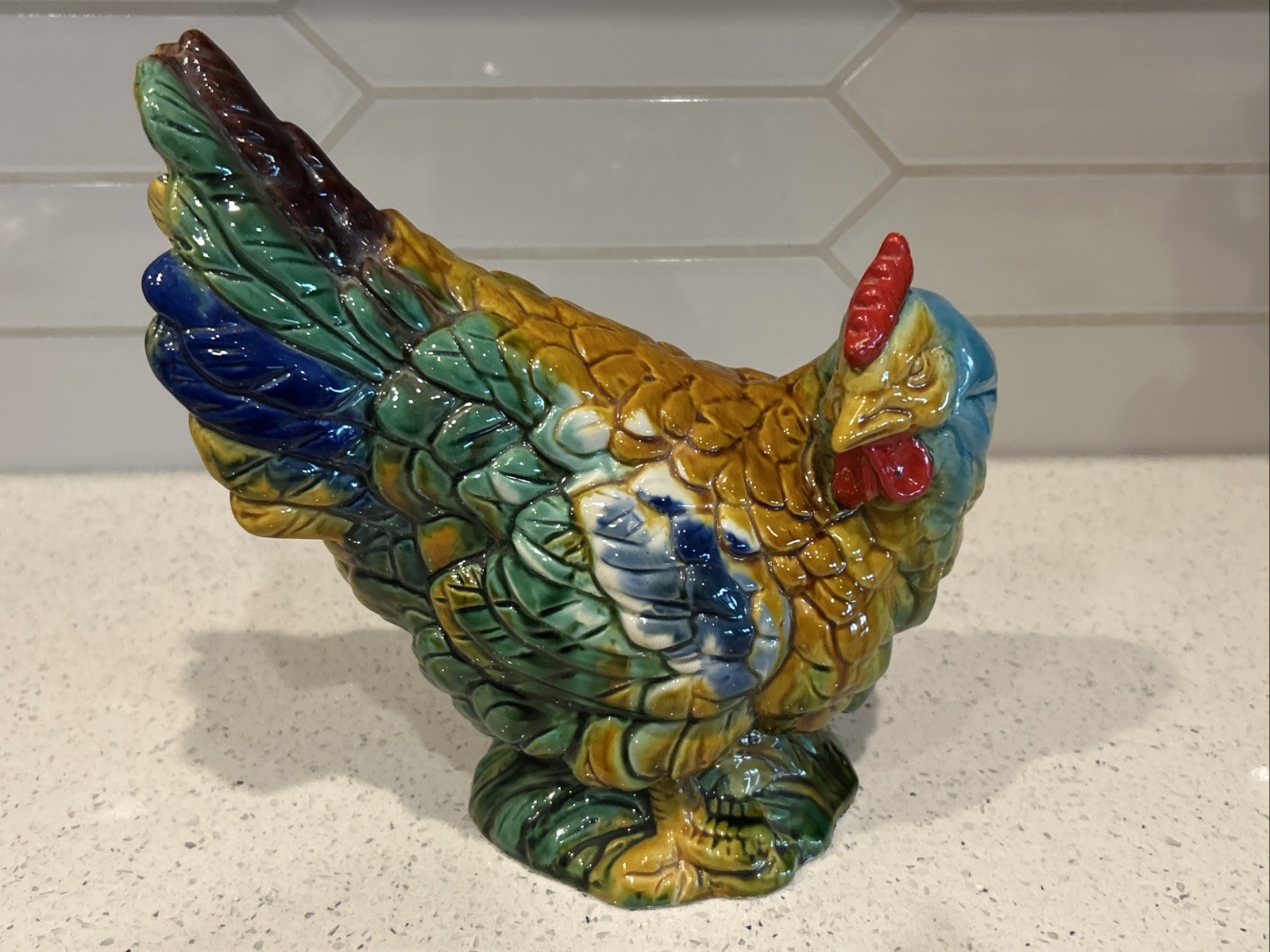 Vintage Large Majolica Vibrant Colorful Ceramic Glazed Rooster 10” Tall Angry