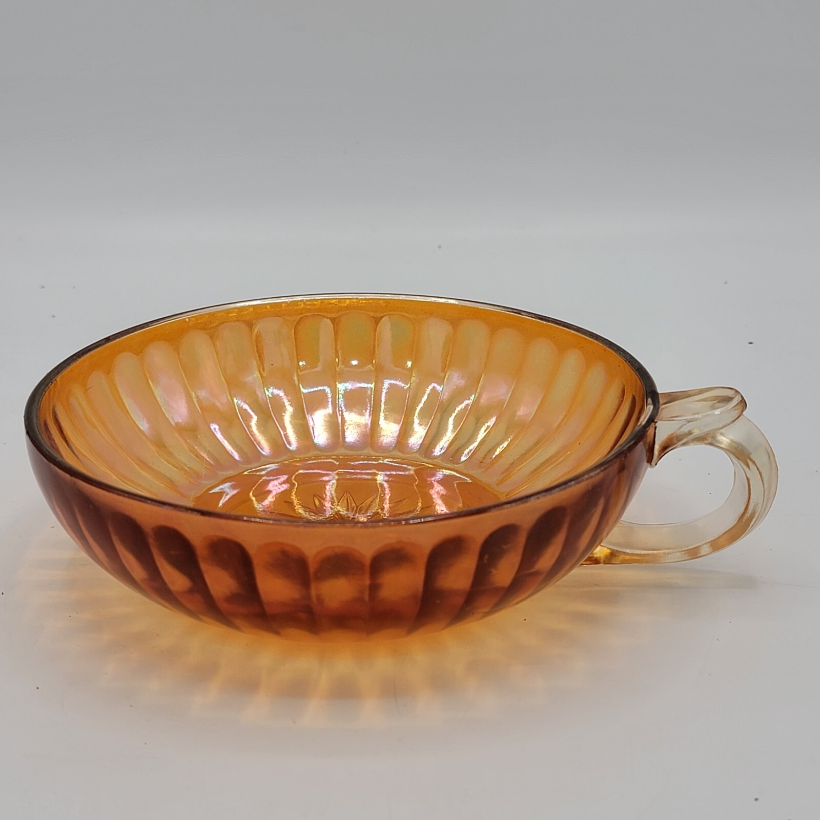 Imperial Carnival Glass Pillar Fluted Iridescent Marigold Bowl With Handle 5.5”