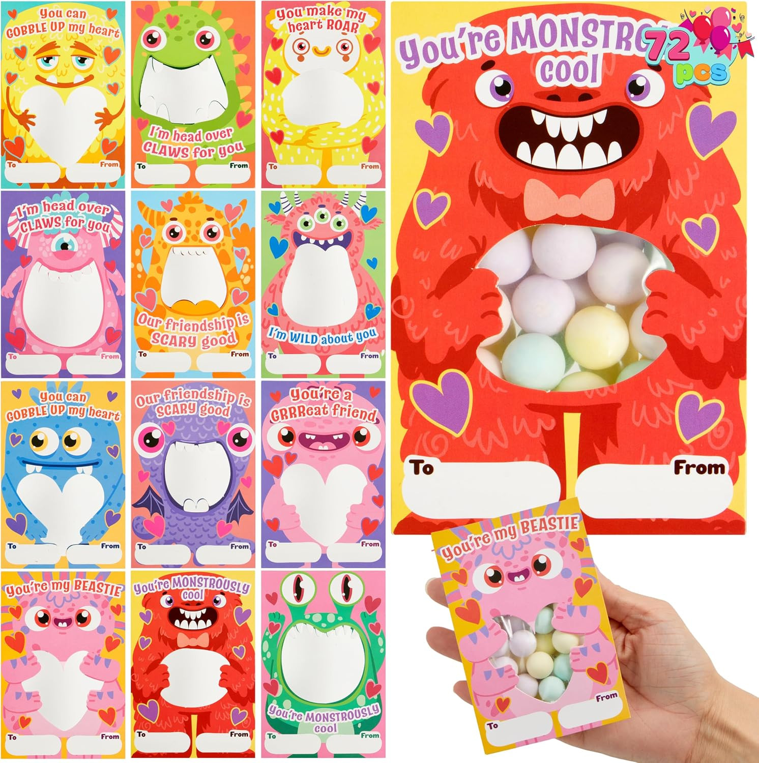 72 Pcs Valentine\'s Monster Design Greeting Cards with Bags, Classroom Favors