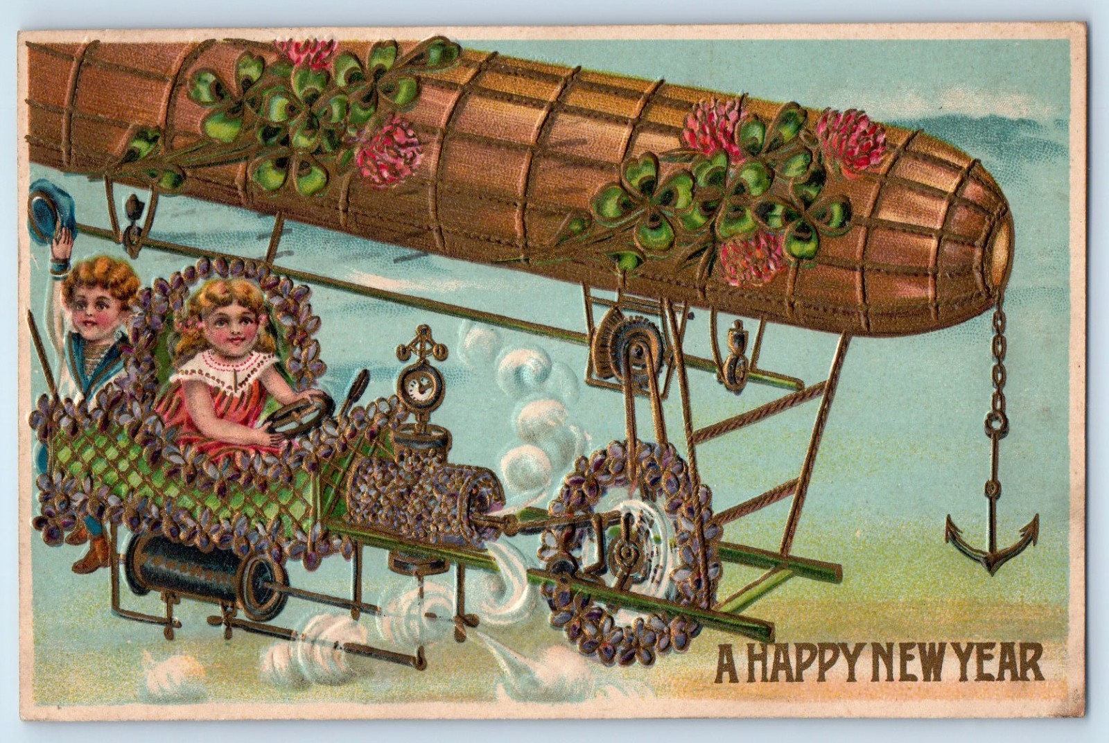 1908 New Year Sailor Children Riding Airship With Flowers Embossed Postcard 1908 New Year Sailor Children Riding Airship With Flowers Embossed Postcard