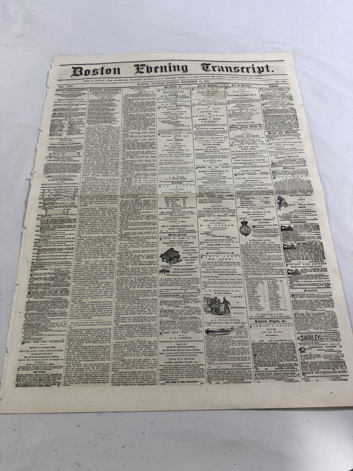 RARE 1858 Boston Evening Transcript Original Newspaper – Pre Civil War Antique