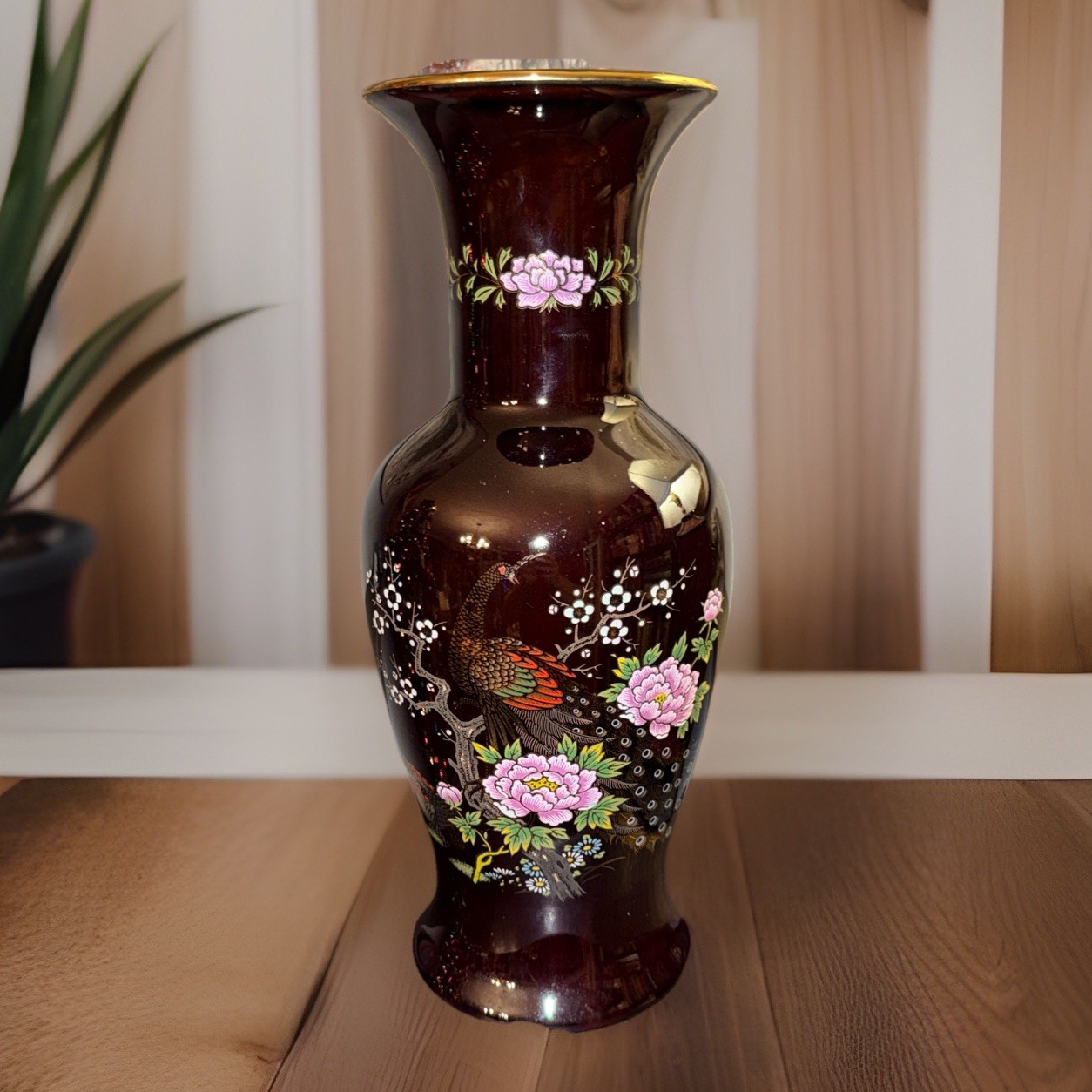 Vtg Interpur Porcelain Peacock Vase-Dark Brown w/Gold Trim-12.25”-Japan-EUC
