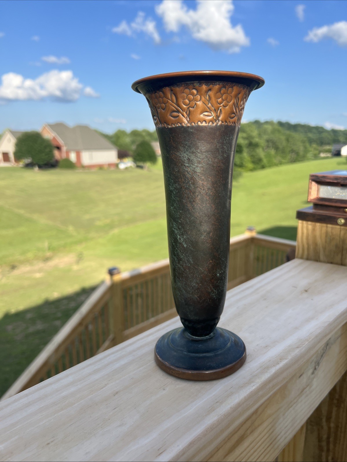 Vintage Hadar Israel Copper Trumpet Vase Mid Century Modern Israeliana Patina