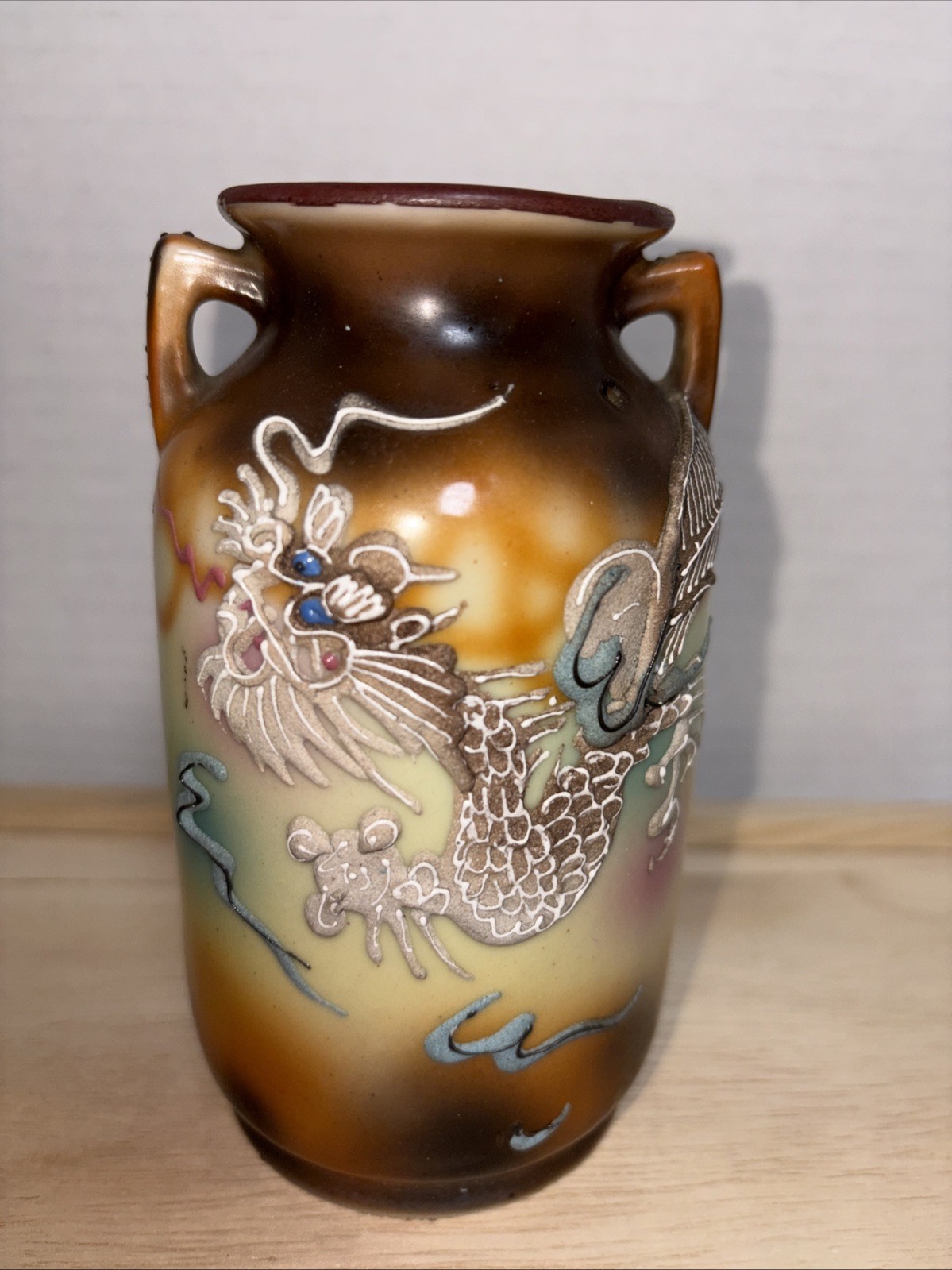 Vintage Moriage Dragonware Vase In Brown Japan 5.25” Made In Japan EUC