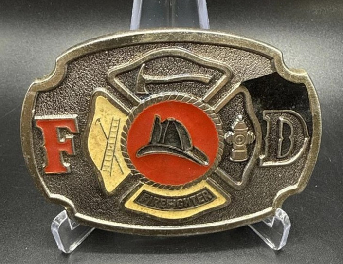 Firefighter FD Belt Buckle W/Black, Yellow, Red Enamel & Antique Brushed Silver Firefighter FD Belt Buckle W/Black, Yellow, Red Enamel & Antique Brushed Silver