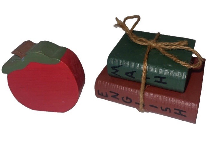 Cute Vintage Miniature Two Figurines Wood Books And Apple