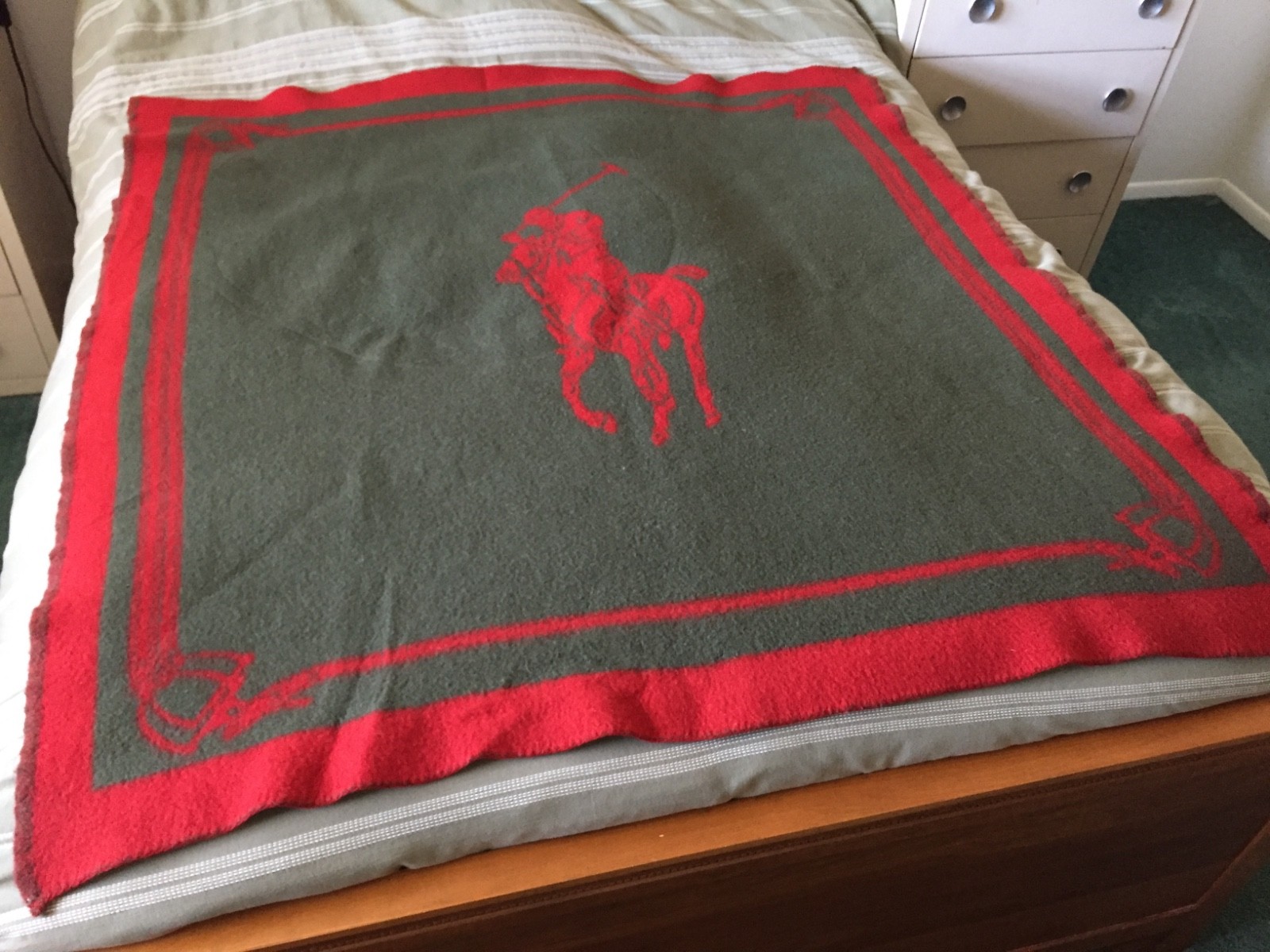VTG Ralph Lauren Wool Camp Stadium Throw Blanket  BIG PONY Red & Green 58x62