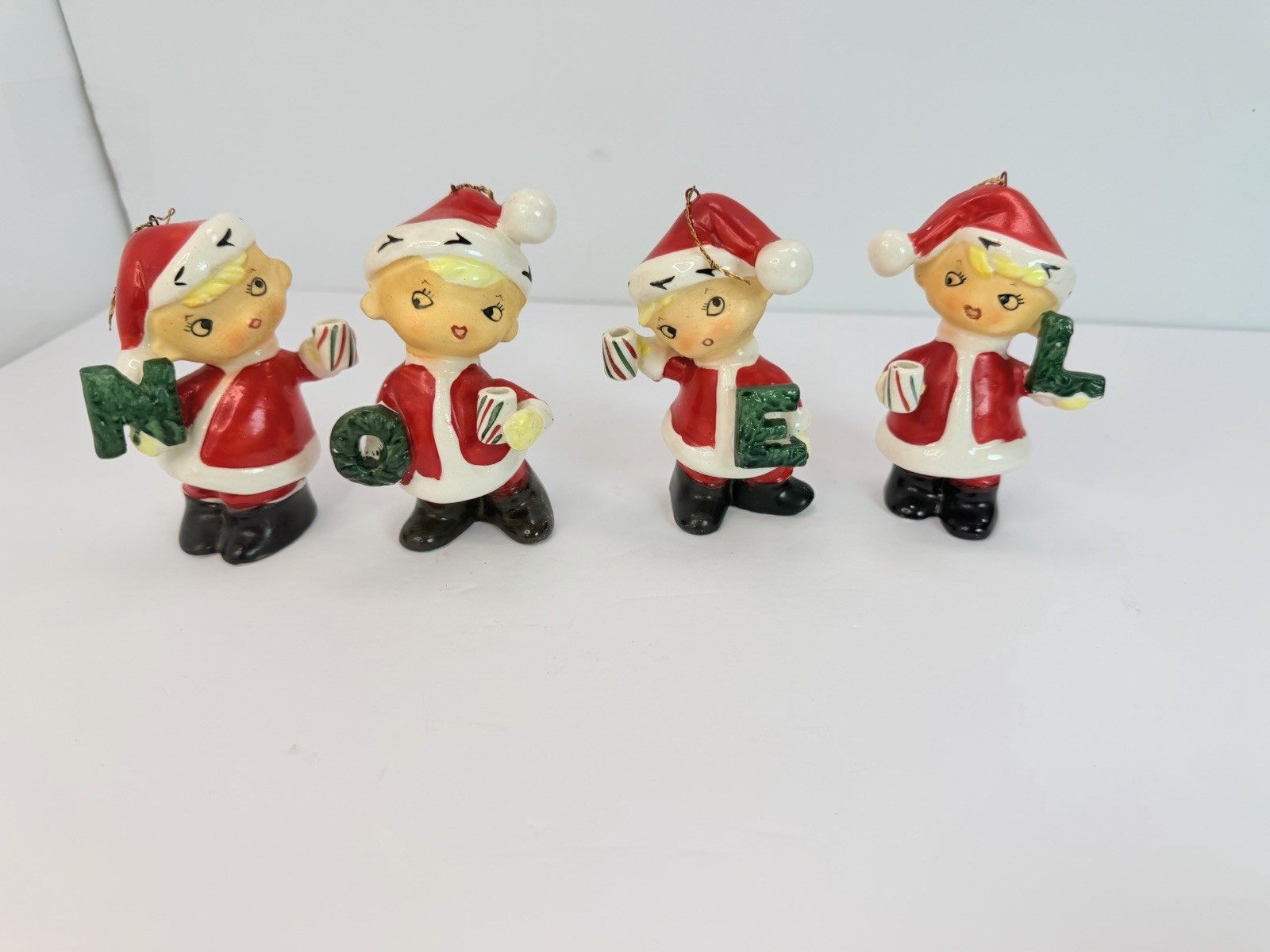Christmas NOEL Santa Pixie Elf Boys Ornaments Made Japan Vintage Christmas READ