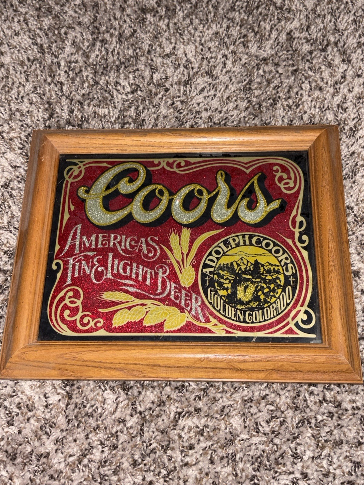 Vtg Coors Brewing Co Wood Framed Glass Foil Advertising Sign VTG 1970's 12x10