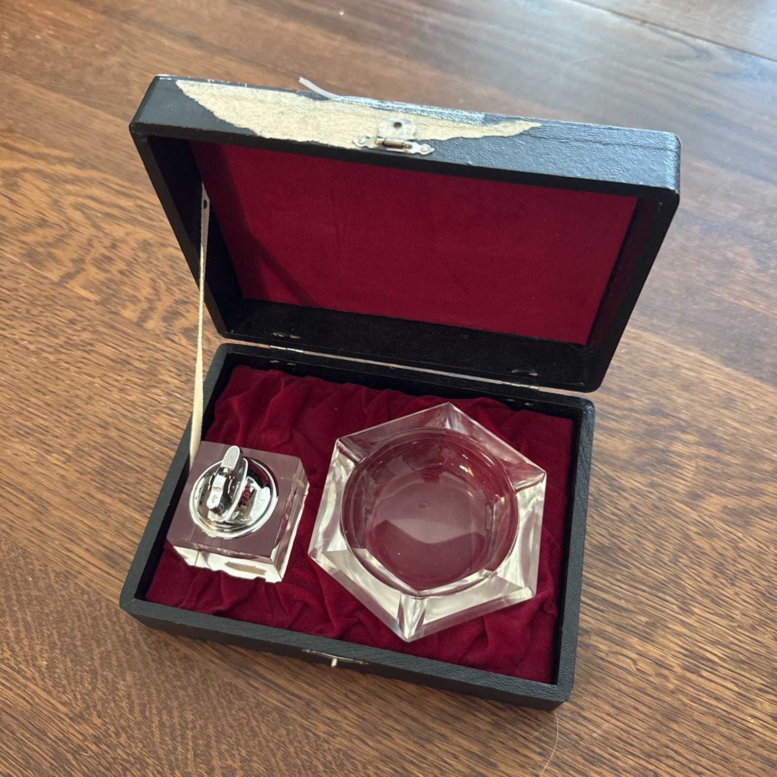 POST HOUSE Vintage Hand Cut Crystal Lighter & Ashtray Set Velvet w/ Box 