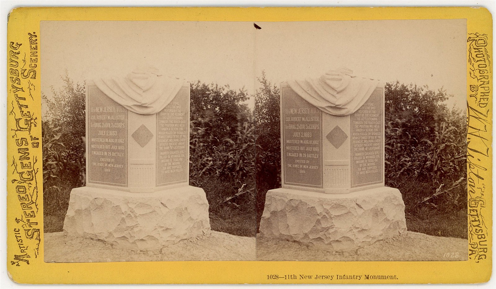 PENNSYLVANIA STEREOVIEW - Gettysburg - 11th New Jersey Monument - Tipton 1870s