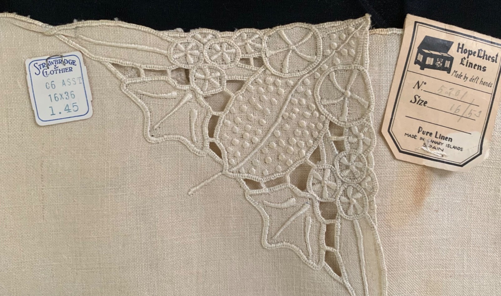 antique NOS pair linen runners w original labels, embroidery+cutwork 52 + 34 antique NOS pair linen runners w original labels, embroidery+cutwork 52 + 34