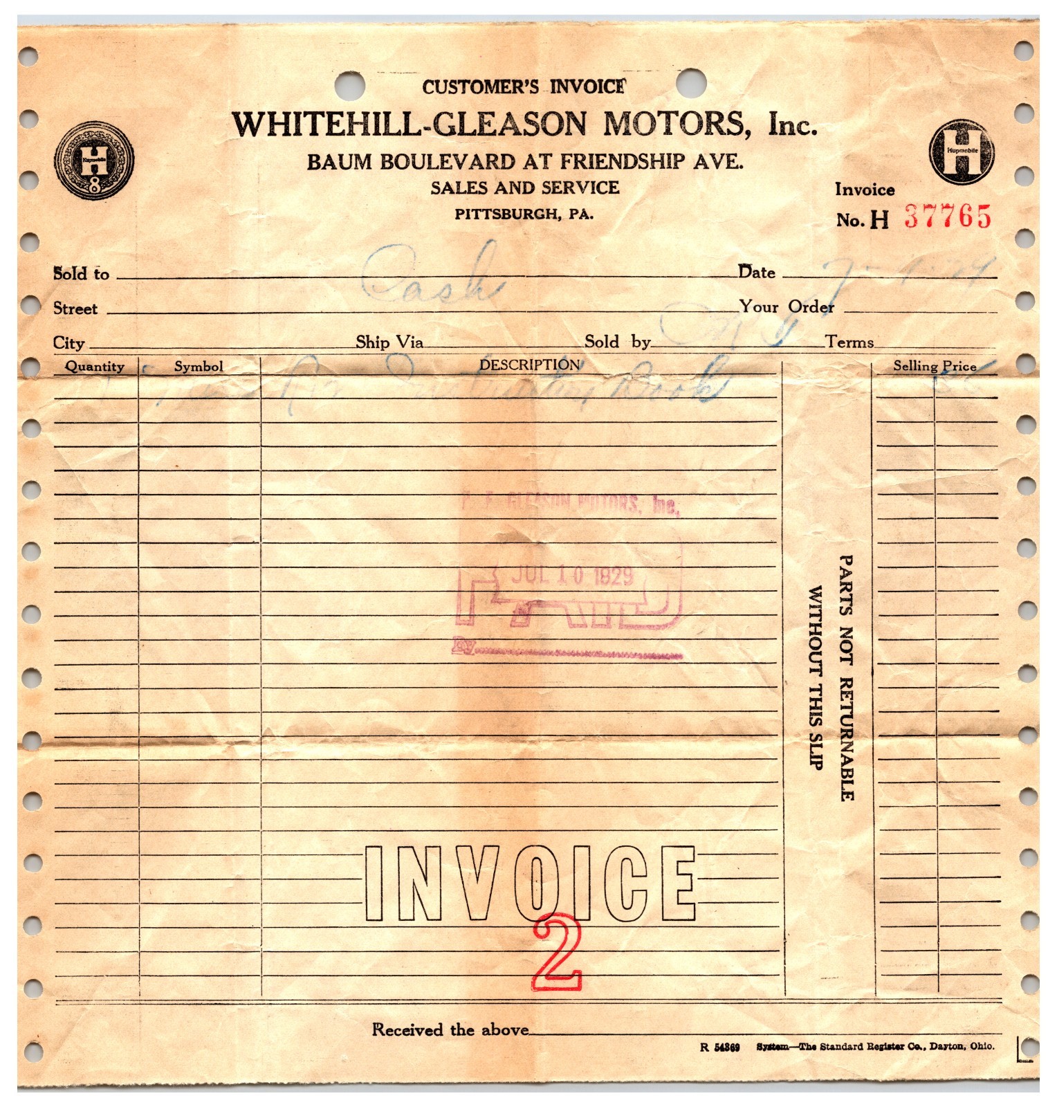 Vintage Original 1929 Whitehill Gleason Motors Inc. - Service Receipt Pittsburgh