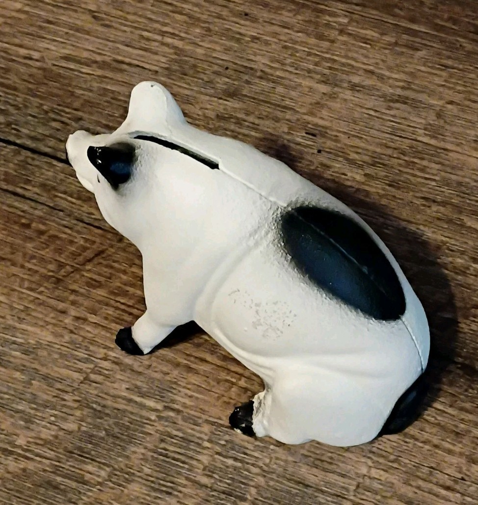 Vintage 5” sitting pig money bank. coins and dollars Nice Spotted Black White