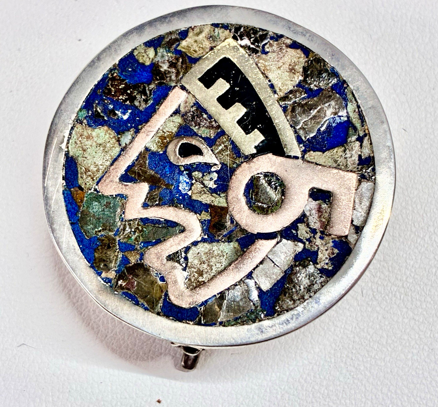 Sterling Silver Vintage Mexico Taxco Round Hinged Pill Box  Mosaic Inlay 