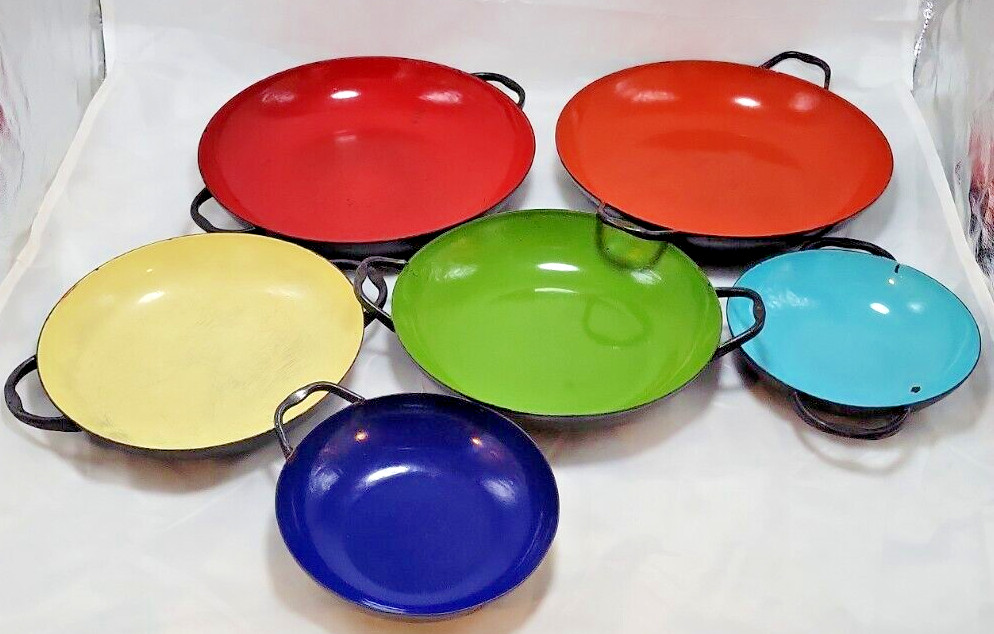 6 Vintage SILESIA Enameled 10, 8, 6 Sauté Pans, Poland 6 Vintage SILESIA Enameled 10, 8, 6 Sauté Pans, Poland