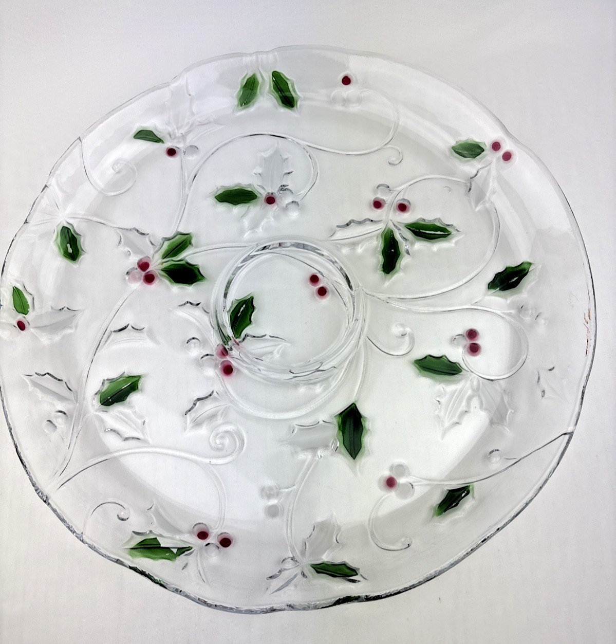 Mikasa Celebrations Merry Holly Round Glass Chips & Dip Platter Discontinued