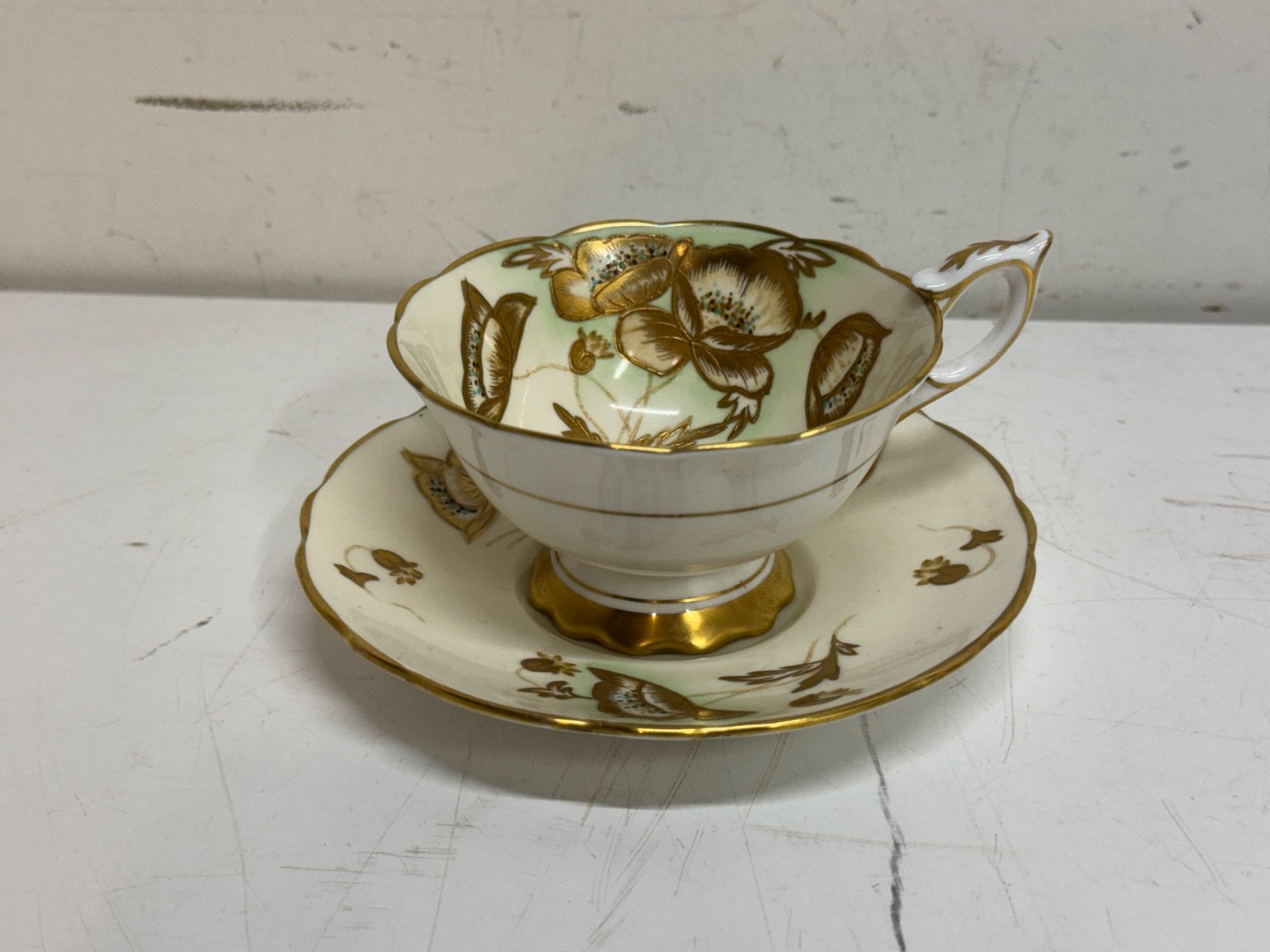 Vintage Royal Stafford Teacup & Saucer Pattern 8579 Green Dec & Gold Moriage Vintage Royal Stafford Teacup & Saucer Pattern 8579 Green Dec & Gold Moriage