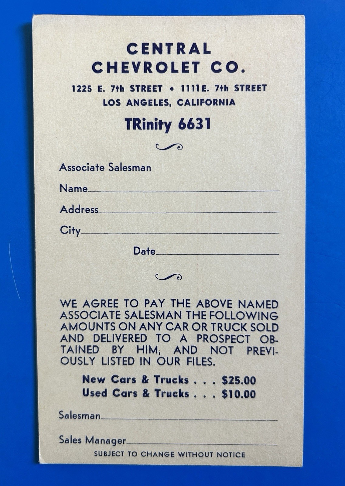Vintage Central Chevrolet Co Los Angeles Salesman Card 2¢ Postal Card 1950s