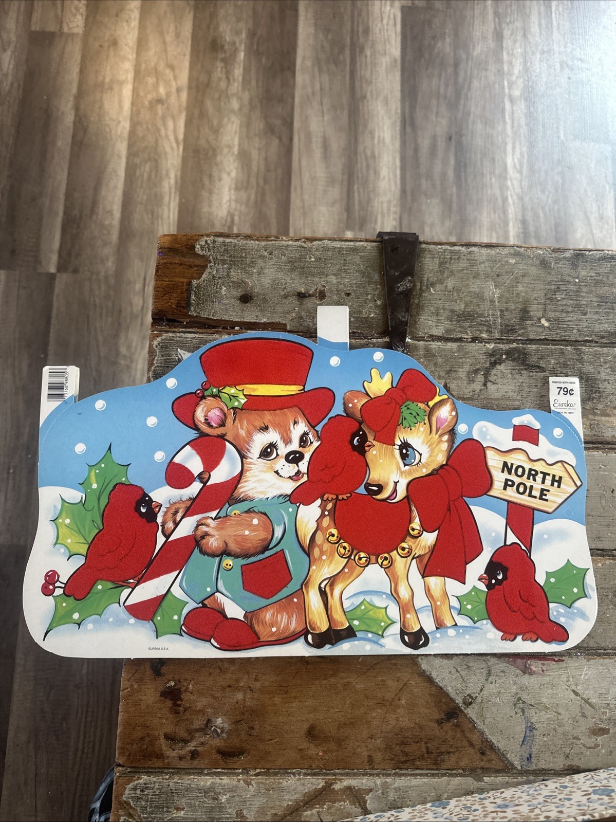 NWT VINTAGE EUREKA FUZZY NORTH POLE REINDEER DIE CUT CHRISTMAS DECORATION