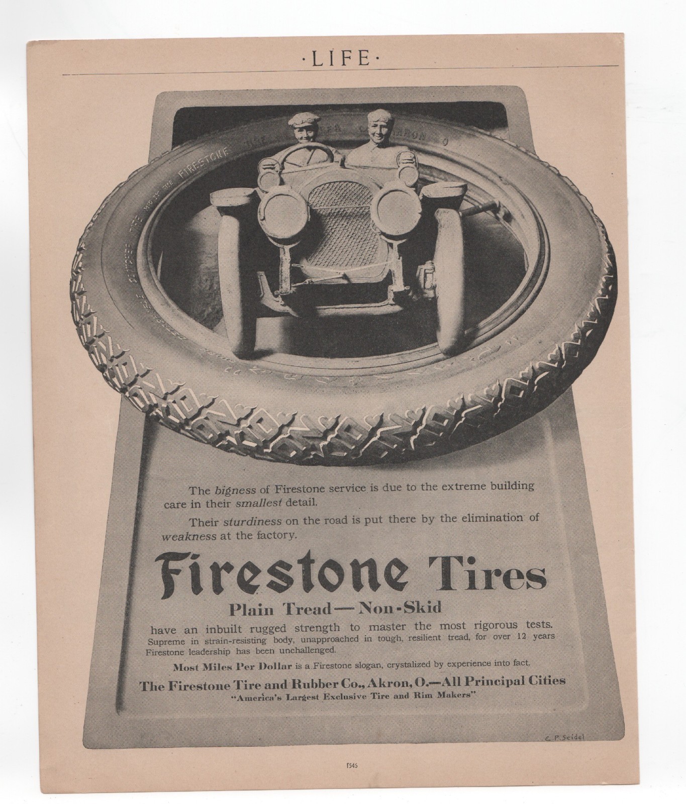 1912 Firestone Tires Ad Pre-WWI Auto Tire Plain Tread Non-Skid Life Magazine