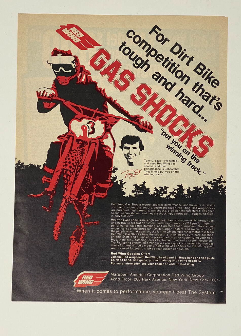1976 Red Wing Gas Shocks Tony D Motocross Dirt Bike Orig Print Ad Poster VTG MX