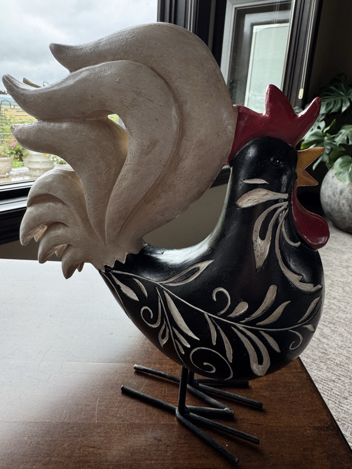 Vintage Folk Art Rooster Sculpture Black White Farmhouse Decor Metal Feet