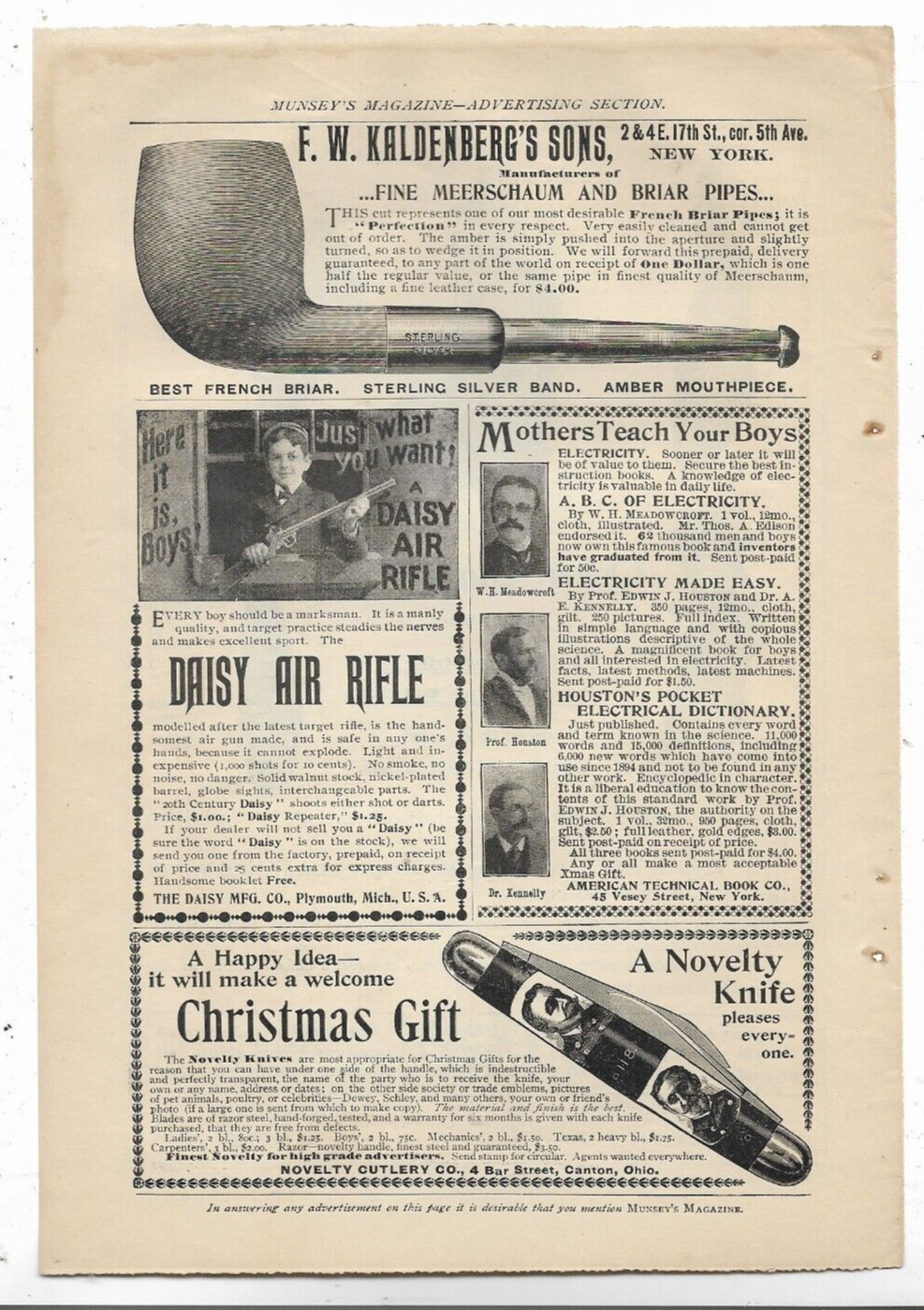 F.W. KALDENBERG'S PIPES DAISY AIR RIFLE 1898 MUNSEY'S MAGAZINE Print Ads 11 F.W. KALDENBERG'S PIPES DAISY AIR RIFLE 1898 MUNSEY'S MAGAZINE Print Ads 11