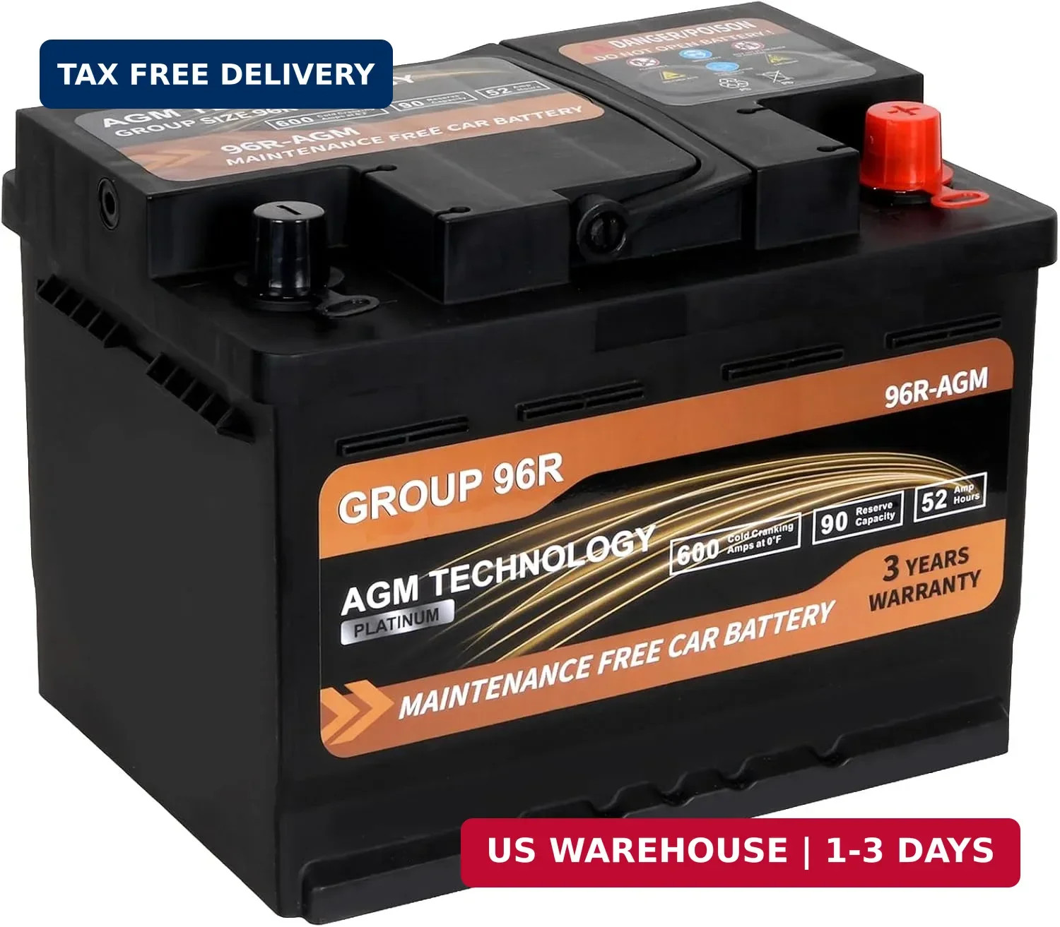 Platinum AGM Car Battery Group Size 96R, 12V 52Ah, 600 CCA, 90 RC, Rechargeable Platinum AGM Car Battery Group Size 96R, 12V 52Ah, 600 CCA, 90 RC, Rechargeable