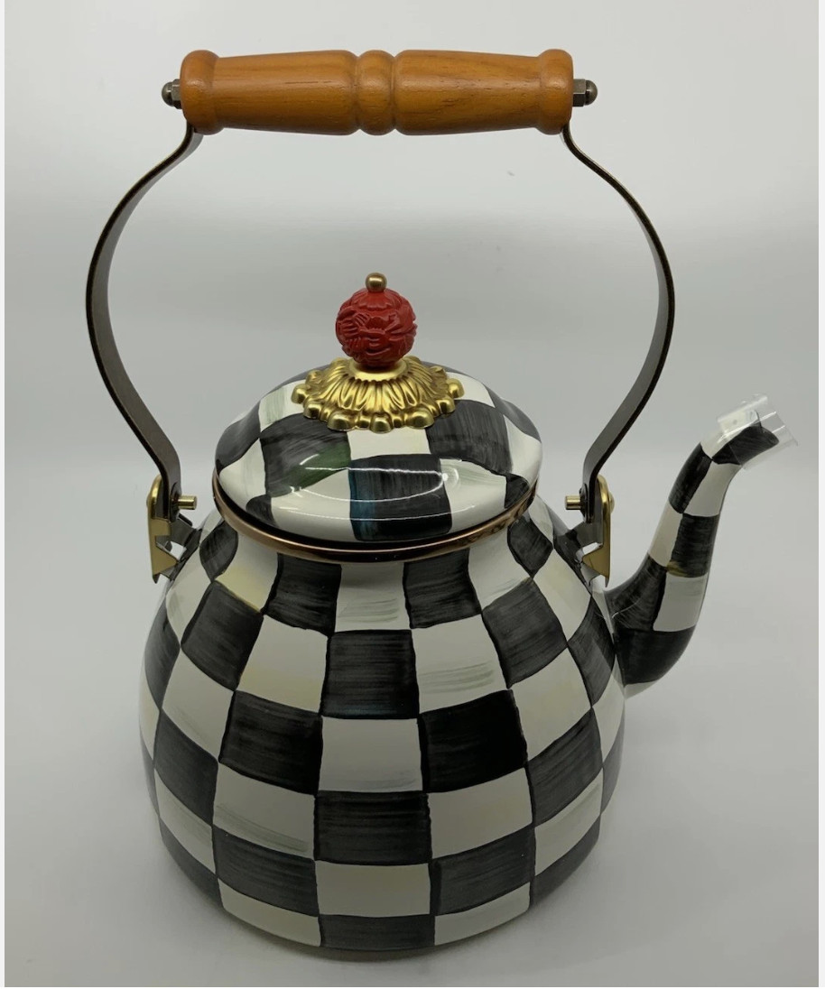 Mackenzie Childs New Courtly Check Black & White 2 Quart Tea Kettle Teapot