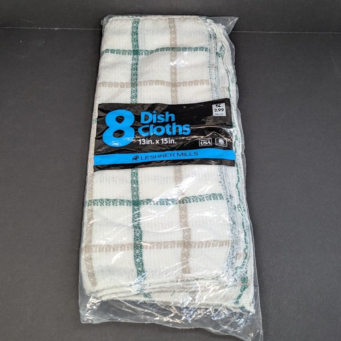Leshner Mills Dish Cloth Vintage Waffle Weave 8ct Green Tan Cotton USA Sealed