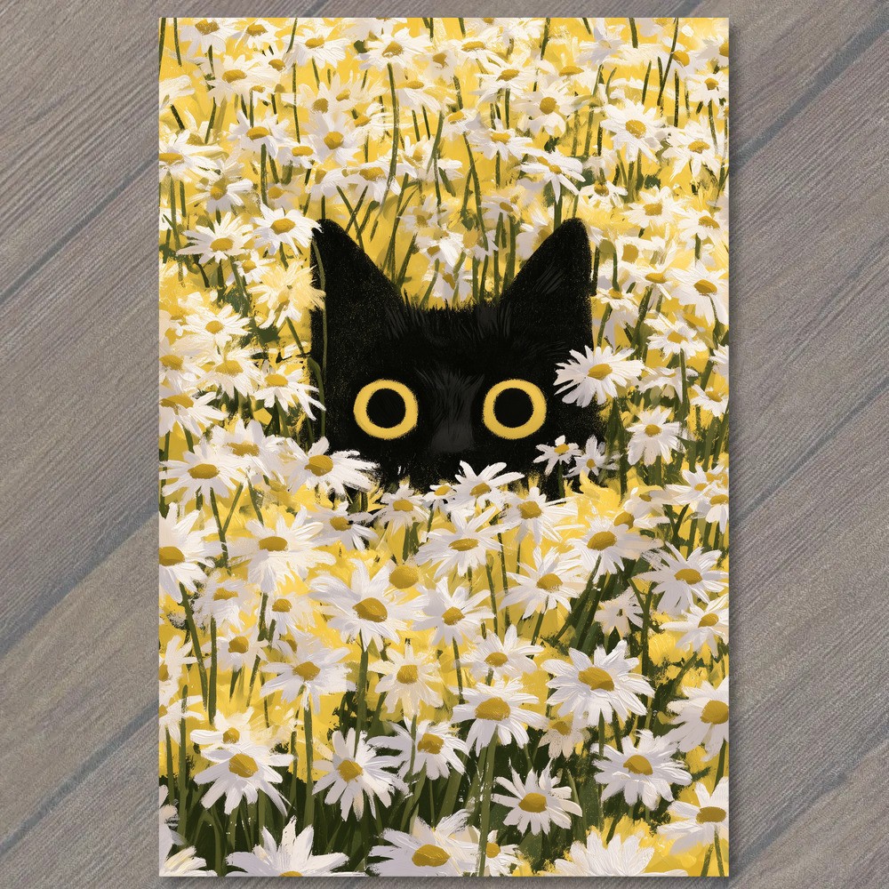 POSTCARD Cat Daisy Field Peek Big Eyes Flowers Meadow Summer Yellow White