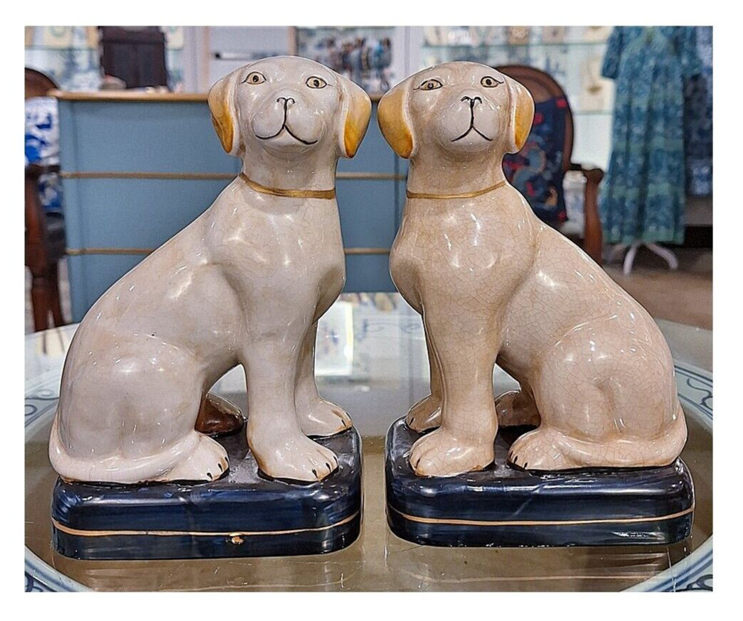 Pair Of Porcelain Ivory White Dogs. Black Bases. Hand Painted. (8”H, Each)