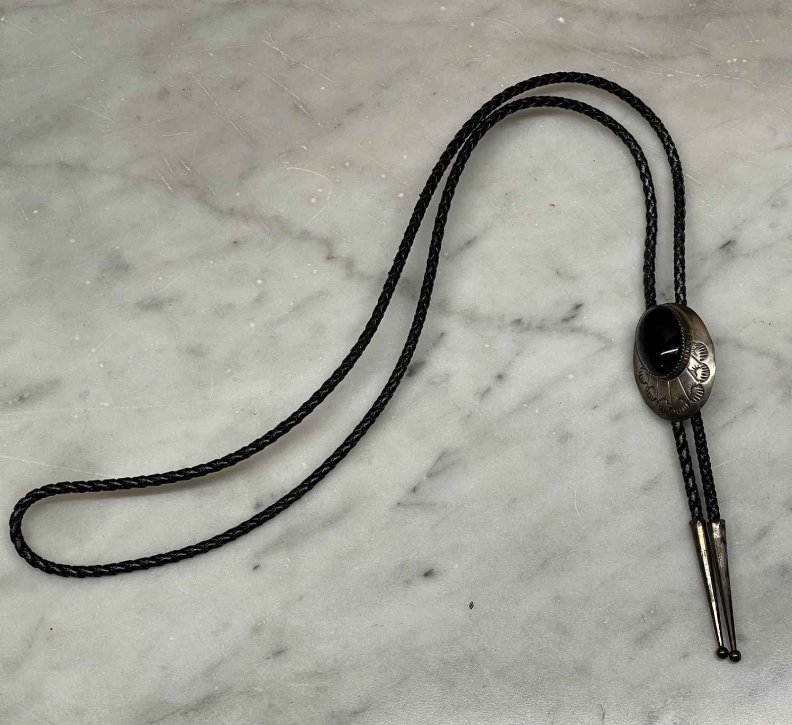 Vintage Sterling Silver Bolo Tie Black Onyx Stone Hand Stamped Southwestern