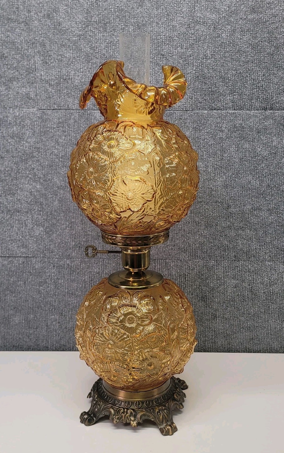 HTF Vintage Fenton Amber Glass Poppy Gone With The Wind Three Way Lamp GWTW HTF Vintage Fenton Amber Glass Poppy Gone With The Wind Three Way Lamp GWTW