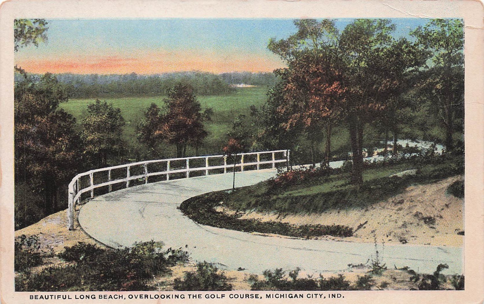 Michigan City IN Indiana Long Beach Golf Course Overlook DAMAGE Vtg Postcard 10A