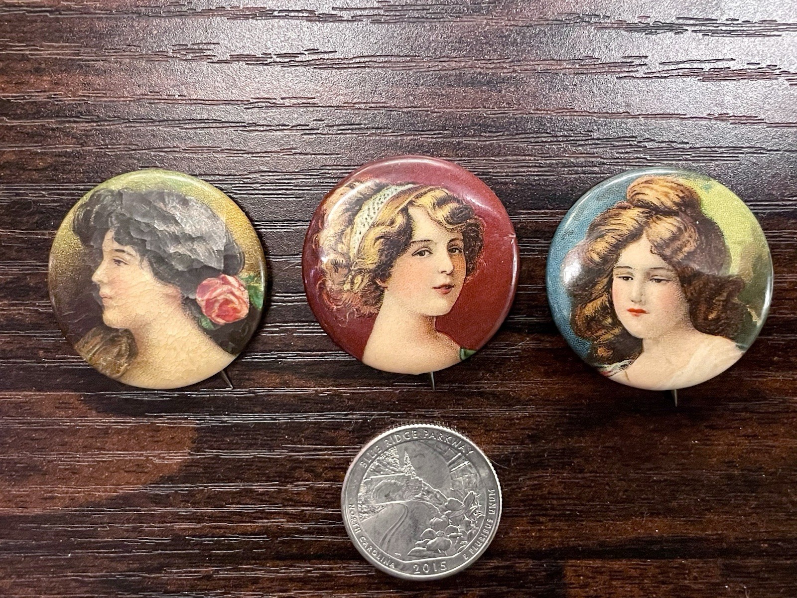 Lot Of 3 - TOBACCO CIGARETTE 1890s-1910 CELLULOID PINBACK BUTTON Victorian Girl
