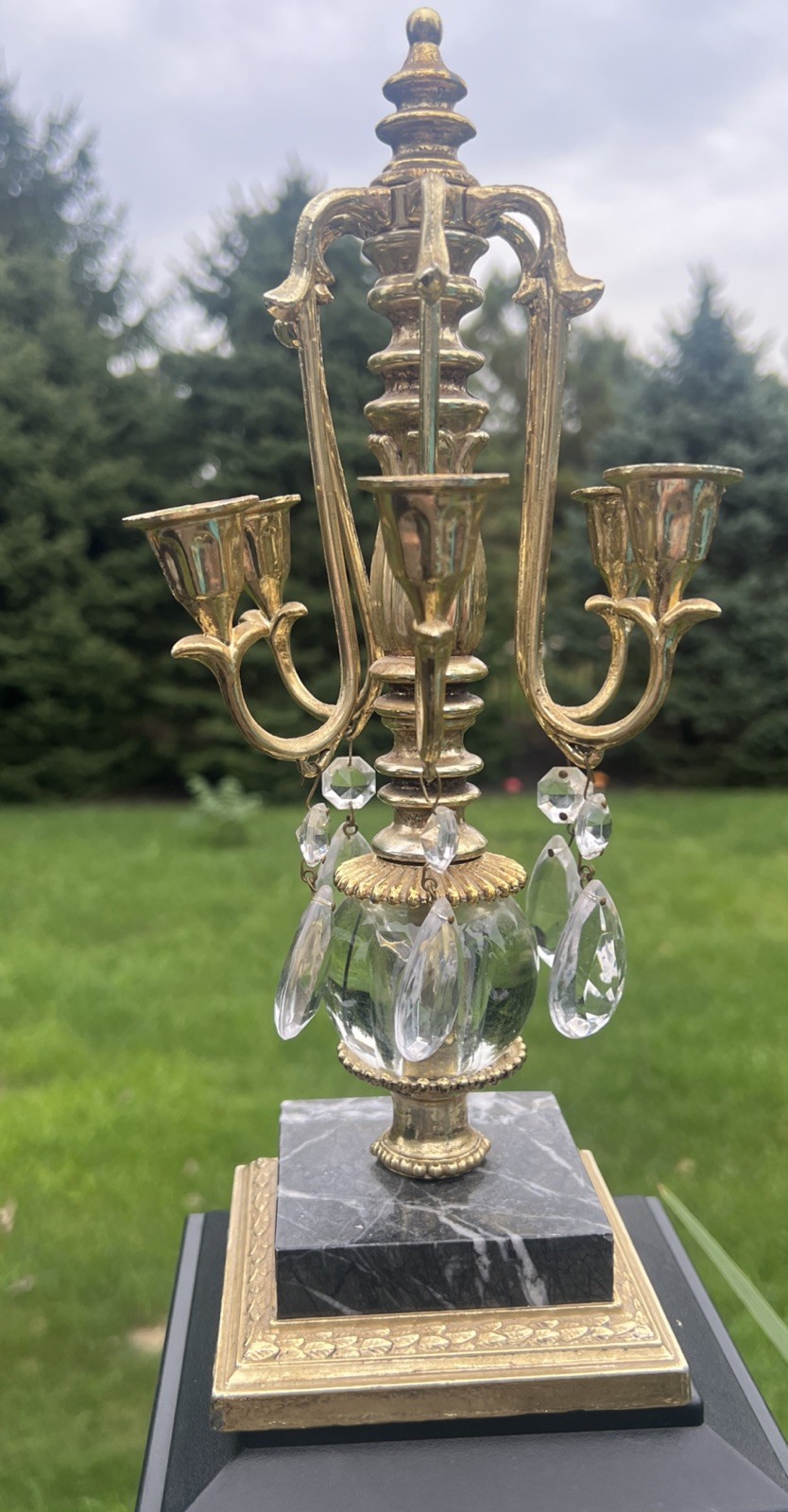 40s 50s Vintage Art Deco Dilly MFG Co Brass on Marble Six Arm Candelabra 12