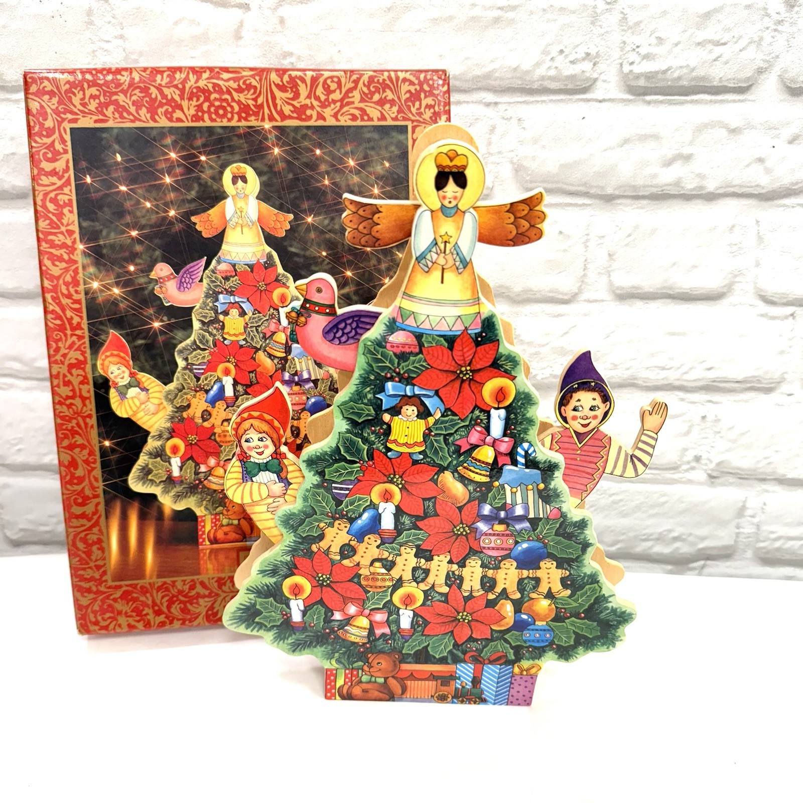 Vtg Wooden Christmas Music Box Wind Up Motion Tree Elves Angel Vintage Christmas