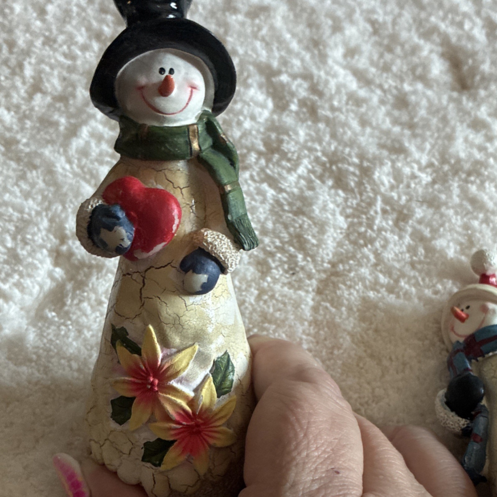 2pc Painted Resin Snowman Christmas Figurines, Crackle Finish, 3D Effect