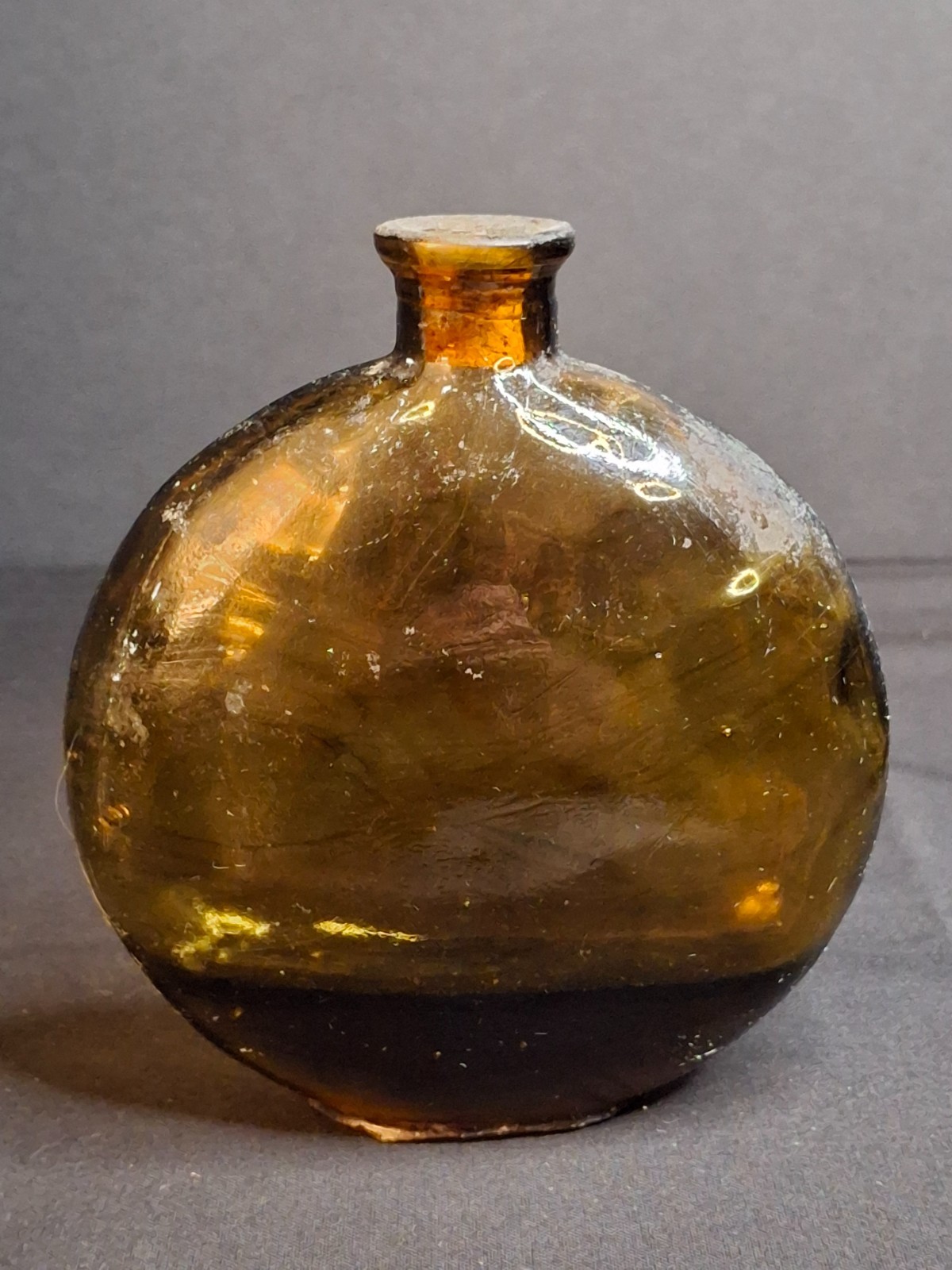 Antique Amber Glass Pocket Flask Oval Whiskey Spirits Bottle Cork Stopper 1890s