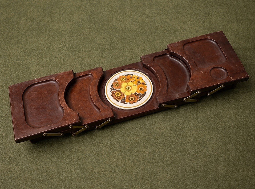 Vtg Himark MCM Expandable Wooden Cheese Board Charcuterie Tray Floral Tile 1970s