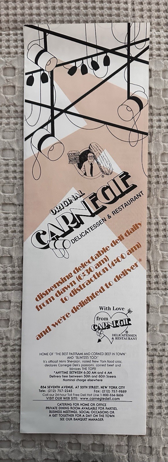 Vintage Original, 2002, Carnegie Deli, NYC, 854 7th Ave, take out menu. Moved.