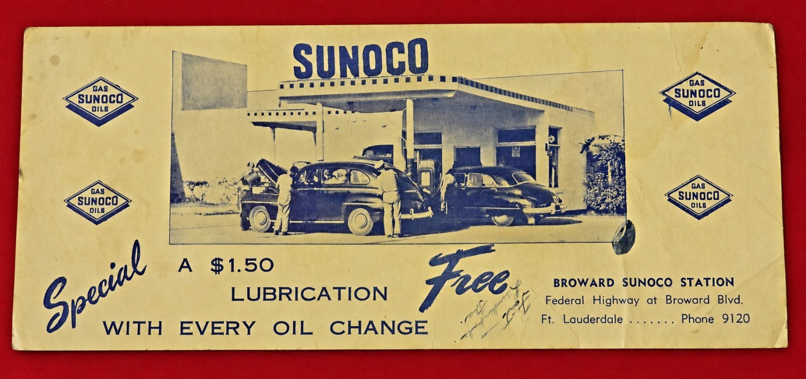 Vintage 1940s Sunoco Gas Oil Ink Blotter Broward Station Ft Lauderdale FL