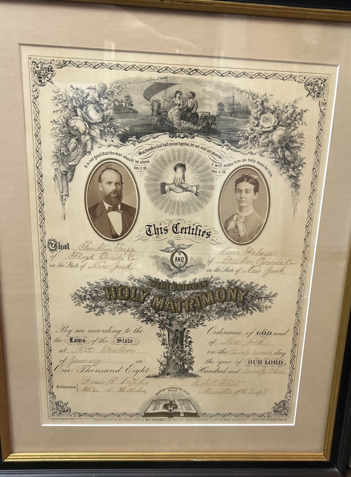 Rare Antique Victorian 1873 Marriage Certificate, Franklin Tripp New York