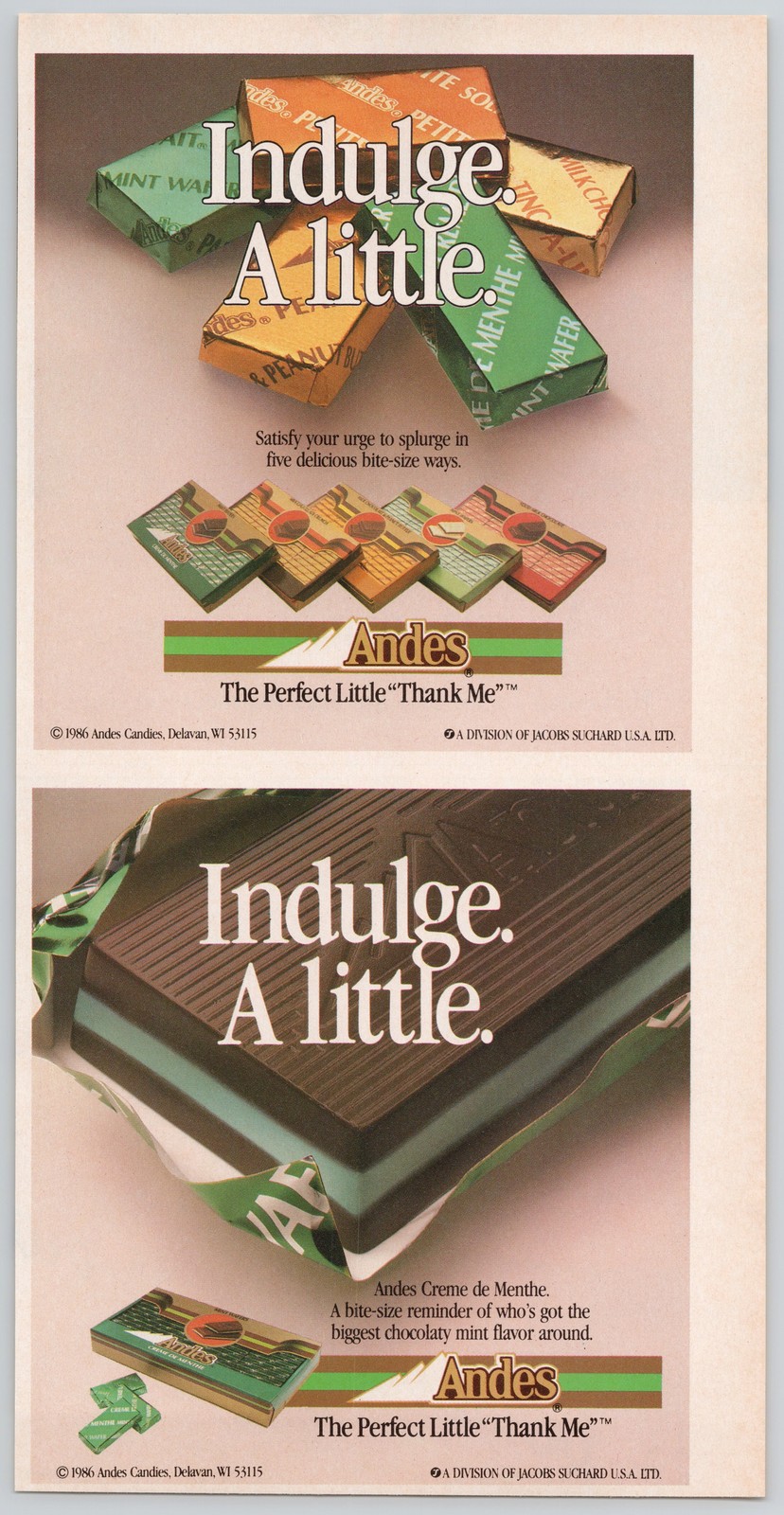Andes Candies Chocolate Creme de Menthe Mint Wafer Delavan 1986 Print Ad